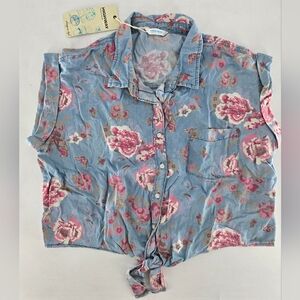 Highway Jeans Blue and Pink Notched Collar Crop Top